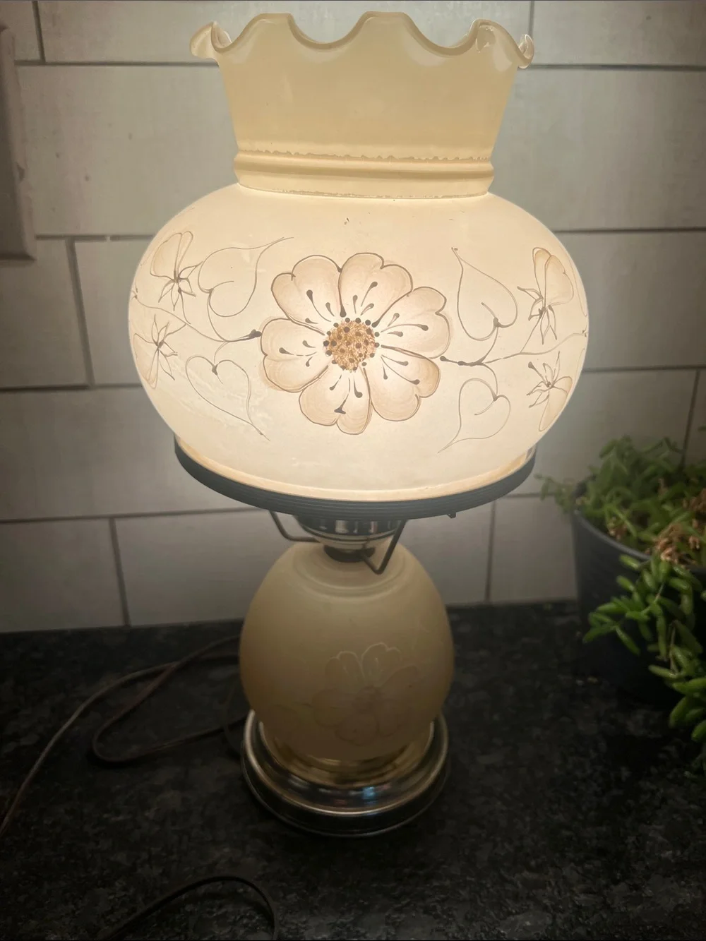 Vintage 16” Classic Cream Floral Glass Table Lamp - Hurricane lamp